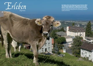 18
     Erleben
         Experience
                      Der Balkon über dem Bodensee! Lassen Sie Ihren Blick
                      über Bodensee, Appenzeller Hügelland und die umlie-
                      genden Länder Österreich und Deutschland schweifen.
                      The balcony above the lake! Explore all the regions of Lake Constance,
                      the gentle rolling hills of Appenzell and the surrounding countries of
                      Austria and Germany.
 