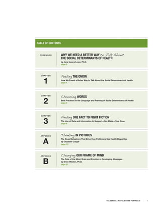 TABLE OF CONTENTS



  FOREWORD          WHY WE NEED A BETTER WAY to Talk About
                    THE SOCIAL DETERMINANTS OF HEALTH
                    by Jane Isaacs Lowe, Ph.D.
                    page ii




  CHAPTER
                    Peeling THE ONION
    1               How We Found a Better Way to Talk About the Social Determinants of Health
                    page 1




  CHAPTER
                    Choosing WORDS
    2               Best Practices in the Language and Framing of Social Determinants of Health
                    page 4




                    Finding ONE FACT TO FIGHT FICTION
  CHAPTER


    3               The Use of Data and Information to Support—Not Make—Your Case
                    page 9




  APPENDIX          Thinking IN PICTURES

    A
                    The Deep Metaphors That Drive How Politicians See Health Disparities
                    by Elizabeth Carger
                    page 13




  APPENDIX          Changing OUR FRAME OF MIND

    B
                    The Role of the Mind, Brain and Emotion in Developing Messages
                    by Drew Westen, Ph.D.
                    page 21




                                                                   V U L N ER A B L E P O P U L AT I O N S P O RT F OL I O   i
 