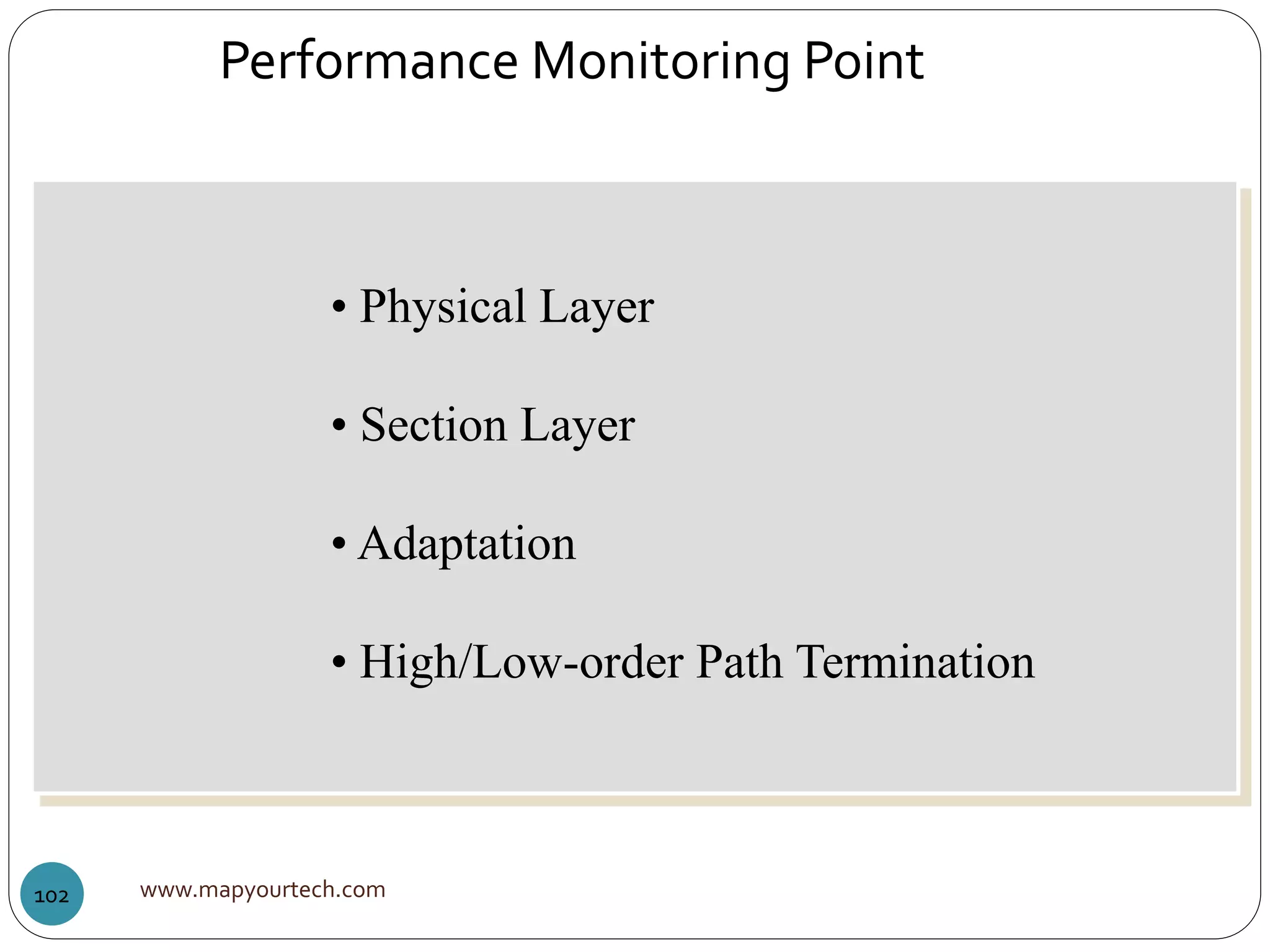 Performance Monitoring Point
www.mapyourtech.com102
• Physical Layer
• Section Layer
• Adaptation
• High/Low-order Path Termination
 
