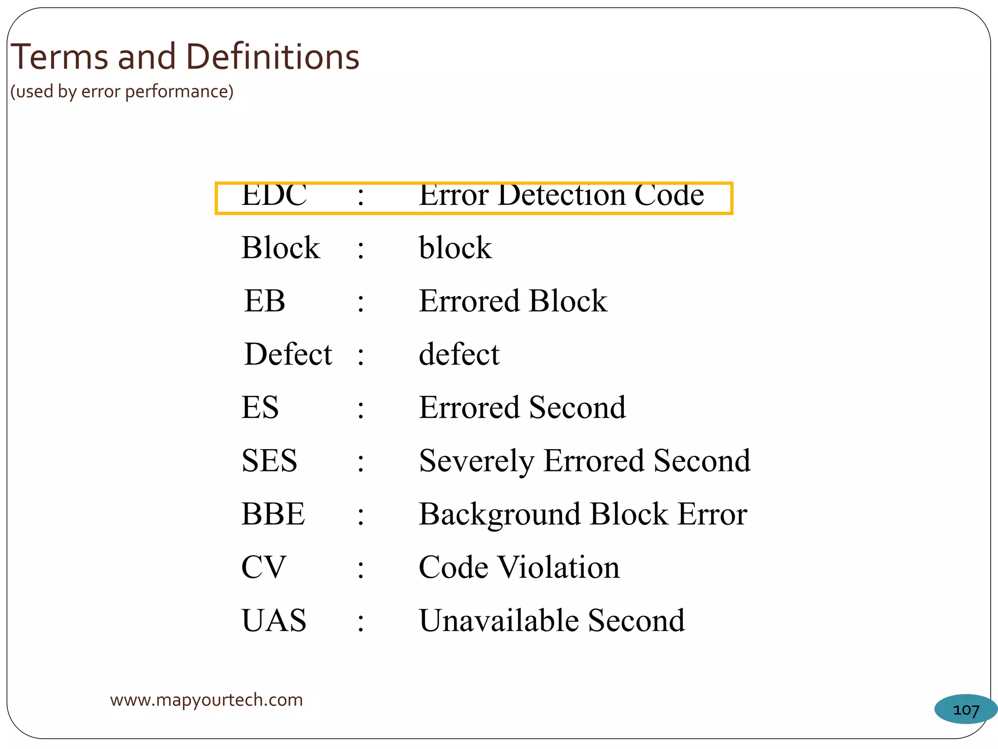 www.mapyourtech.com 107
Terms and Definitions
(used by error performance)
EDC : Error Detection Code
Block : block
EB : Errored Block
Defect : defect
ES : Errored Second
SES : Severely Errored Second
BBE : Background Block Error
CV : Code Violation
UAS : Unavailable Second
 