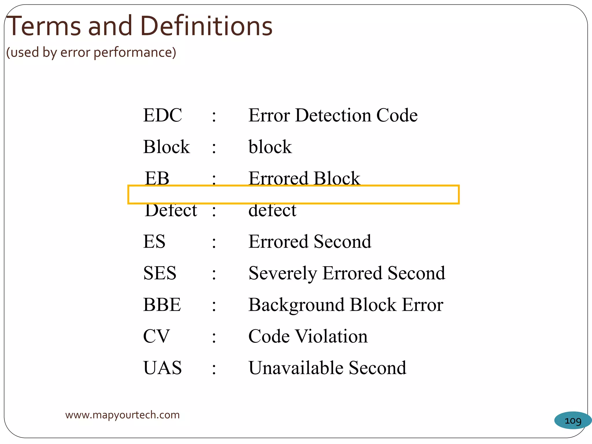www.mapyourtech.com 109
Terms and Definitions
(used by error performance)
EDC : Error Detection Code
Block : block
EB : Errored Block
Defect : defect
ES : Errored Second
SES : Severely Errored Second
BBE : Background Block Error
CV : Code Violation
UAS : Unavailable Second
 