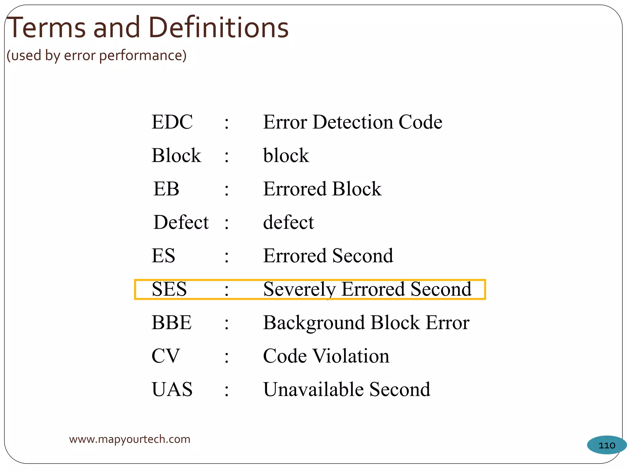 www.mapyourtech.com 110
Terms and Definitions
(used by error performance)
EDC : Error Detection Code
Block : block
EB : Errored Block
Defect : defect
ES : Errored Second
SES : Severely Errored Second
BBE : Background Block Error
CV : Code Violation
UAS : Unavailable Second
 