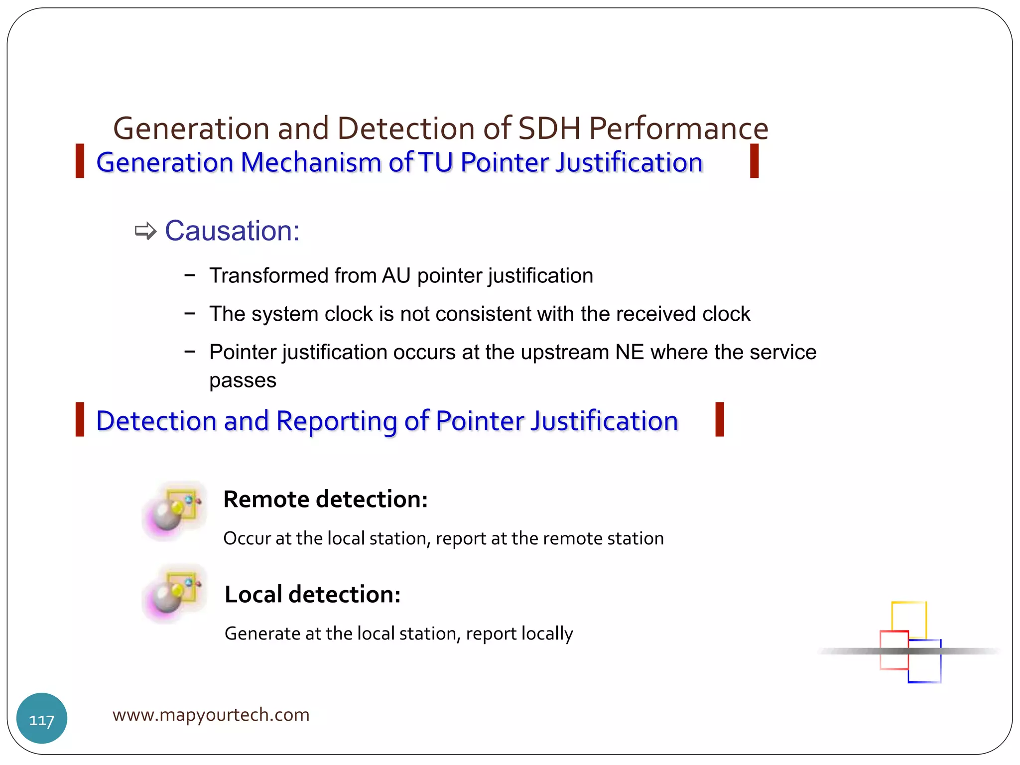 Generation and Detection of SDH Performance
www.mapyourtech.com117
 Causation:
− Transformed from AU pointer justification
− The system clock is not consistent with the received clock
− Pointer justification occurs at the upstream NE where the service
passes
Remote detection:
Occur at the local station, report at the remote station
Local detection:
Generate at the local station, report locally
Generation Mechanism ofTU Pointer Justification
Detection and Reporting of Pointer Justification
 