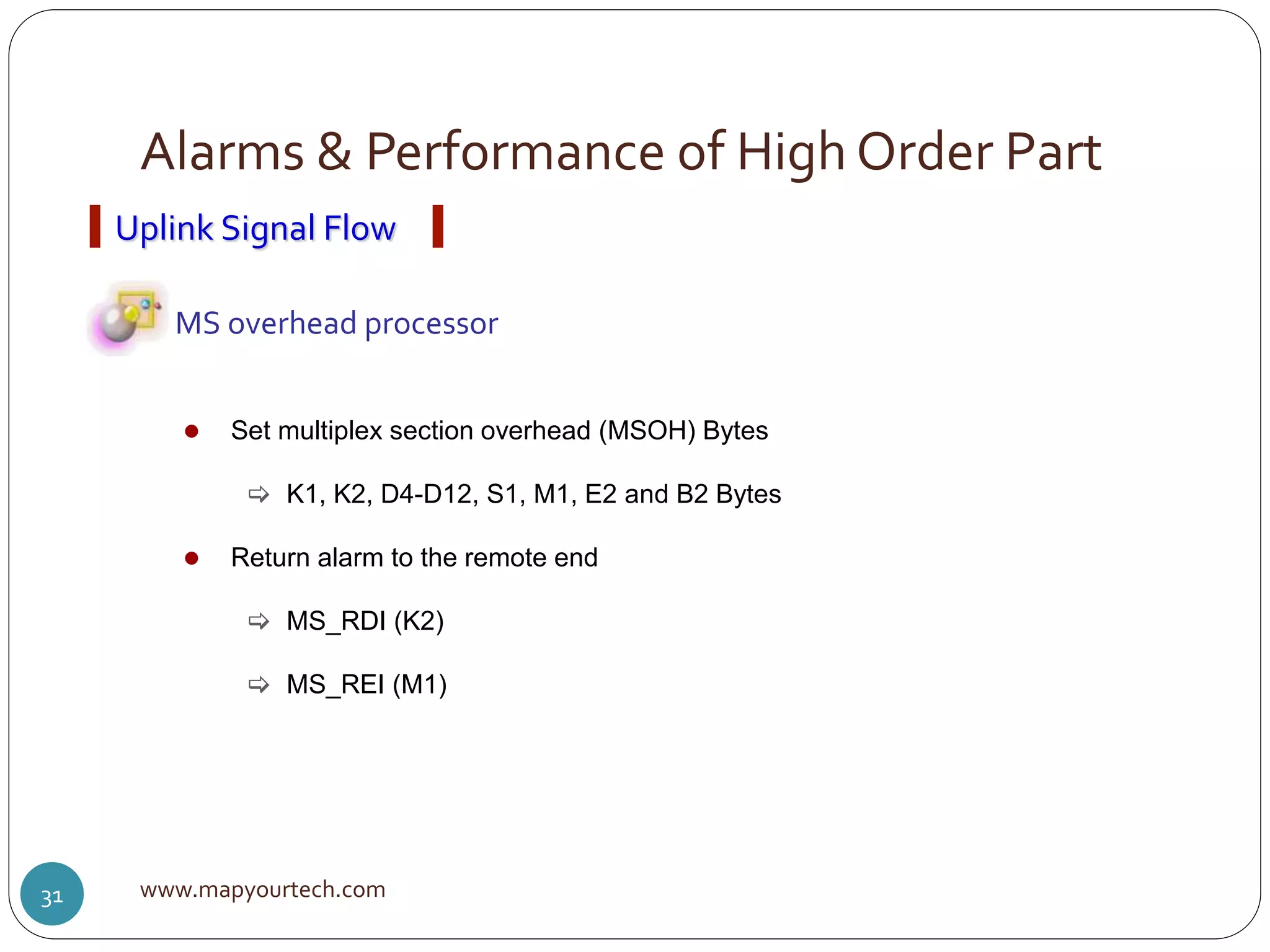 Alarms & Performance of High Order Part
www.mapyourtech.com31
Uplink Signal Flow
MS overhead processor
 Set multiplex section overhead (MSOH) Bytes
 K1, K2, D4-D12, S1, M1, E2 and B2 Bytes
 Return alarm to the remote end
 MS_RDI (K2)
 MS_REI (M1)
 