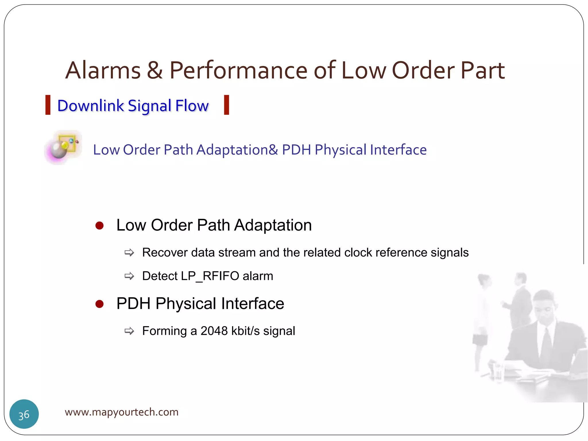 Alarms & Performance of Low Order Part
www.mapyourtech.com36
Downlink Signal Flow
Low Order Path Adaptation& PDH Physical Interface
 Low Order Path Adaptation
 Recover data stream and the related clock reference signals
 Detect LP_RFIFO alarm
 PDH Physical Interface
 Forming a 2048 kbit/s signal
 