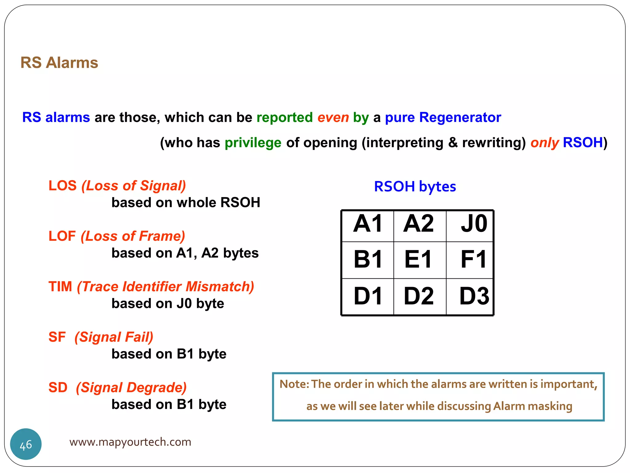 RS Alarms
RS alarms are those, which can be reported even by a pure Regenerator
(who has privilege of opening (interpreting & rewriting) only RSOH)
LOS (Loss of Signal)
based on whole RSOH
LOF (Loss of Frame)
based on A1, A2 bytes
TIM (Trace Identifier Mismatch)
based on J0 byte
SF (Signal Fail)
based on B1 byte
SD (Signal Degrade)
based on B1 byte
D3D2D1
F1E1B1
J0A2A1
RSOH bytes
Note:The order in which the alarms are written is important,
as we will see later while discussingAlarm masking
www.mapyourtech.com46
 