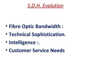 S.D.H. Evolution
• Fibre Optic Bandwidth :
• Technical Sophistication.
• Intelligence :.
• Customer Service Needs
 