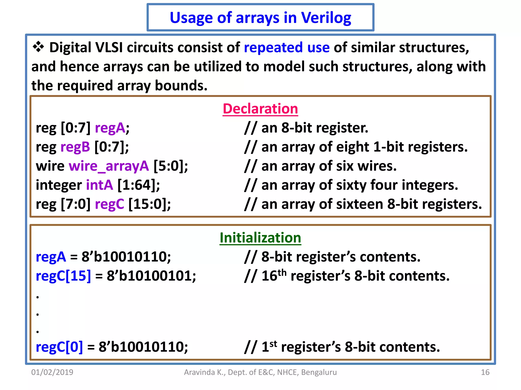 01/02/2019 16Aravinda K., Dept. of E&C, NHCE, Bengaluru Usage of arrays in Verilog  Digital VLSI circuits consist of repeated use of similar structures, and hence arrays can be utilized to model such structures, along with the required array bounds. Declaration reg [0:7] regA; // an 8-bit register. reg regB [0:7]; // an array of eight 1-bit registers. wire wire_arrayA [5:0]; // an array of six wires. integer intA [1:64]; // an array of sixty four integers. reg [7:0] regC [15:0]; // an array of sixteen 8-bit registers. Initialization regA = 8’b10010110; // 8-bit register’s contents. regC[15] = 8’b10100101; // 16th register’s 8-bit contents. . . . regC[0] = 8’b10010110; // 1st register’s 8-bit contents. 