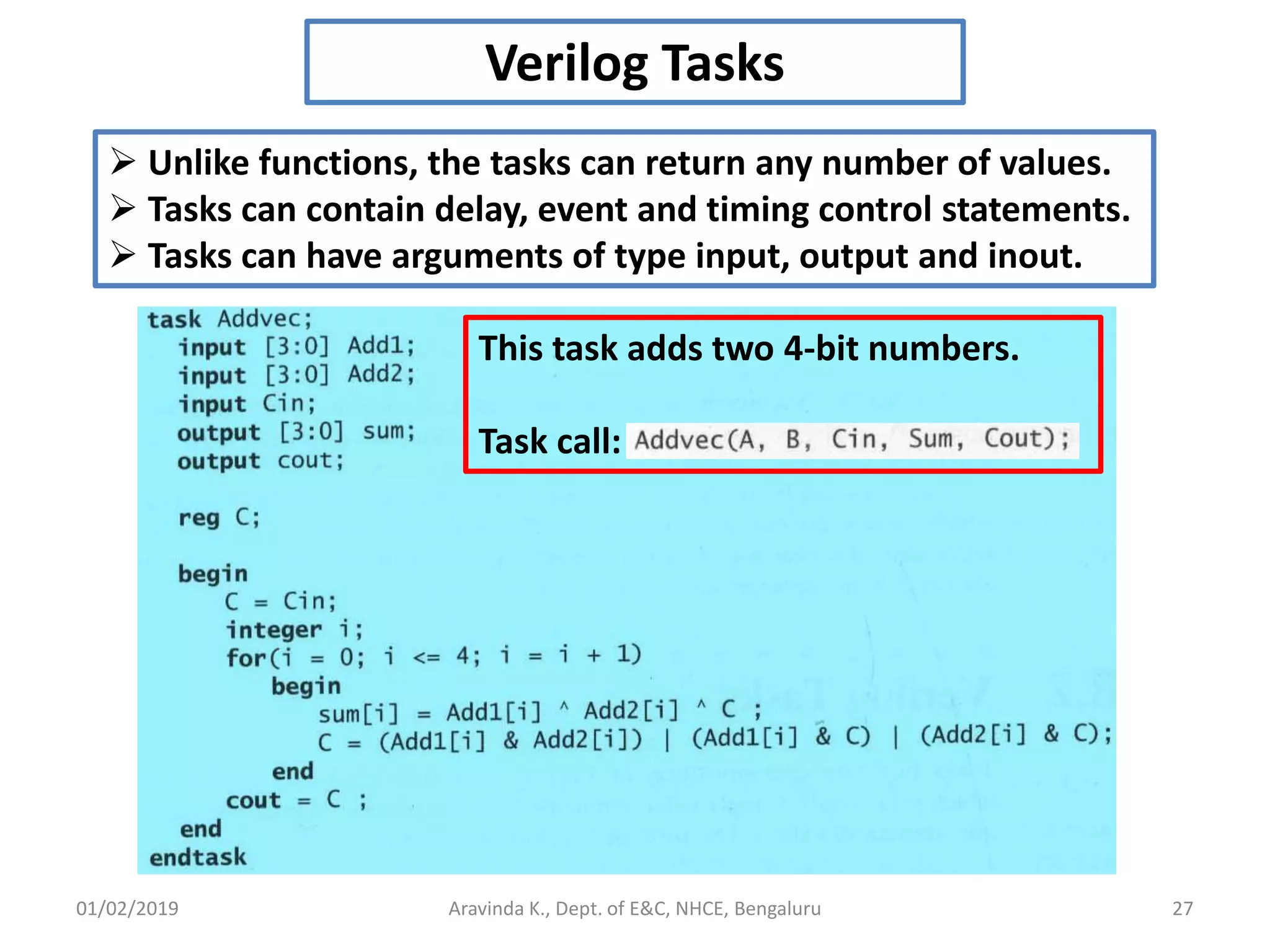 01/02/2019 Aravinda K., Dept. of E&C, NHCE, Bengaluru 27 Verilog Tasks  Unlike functions, the tasks can return any number of values.  Tasks can contain delay, event and timing control statements.  Tasks can have arguments of type input, output and inout. This task adds two 4-bit numbers. Task call: 
