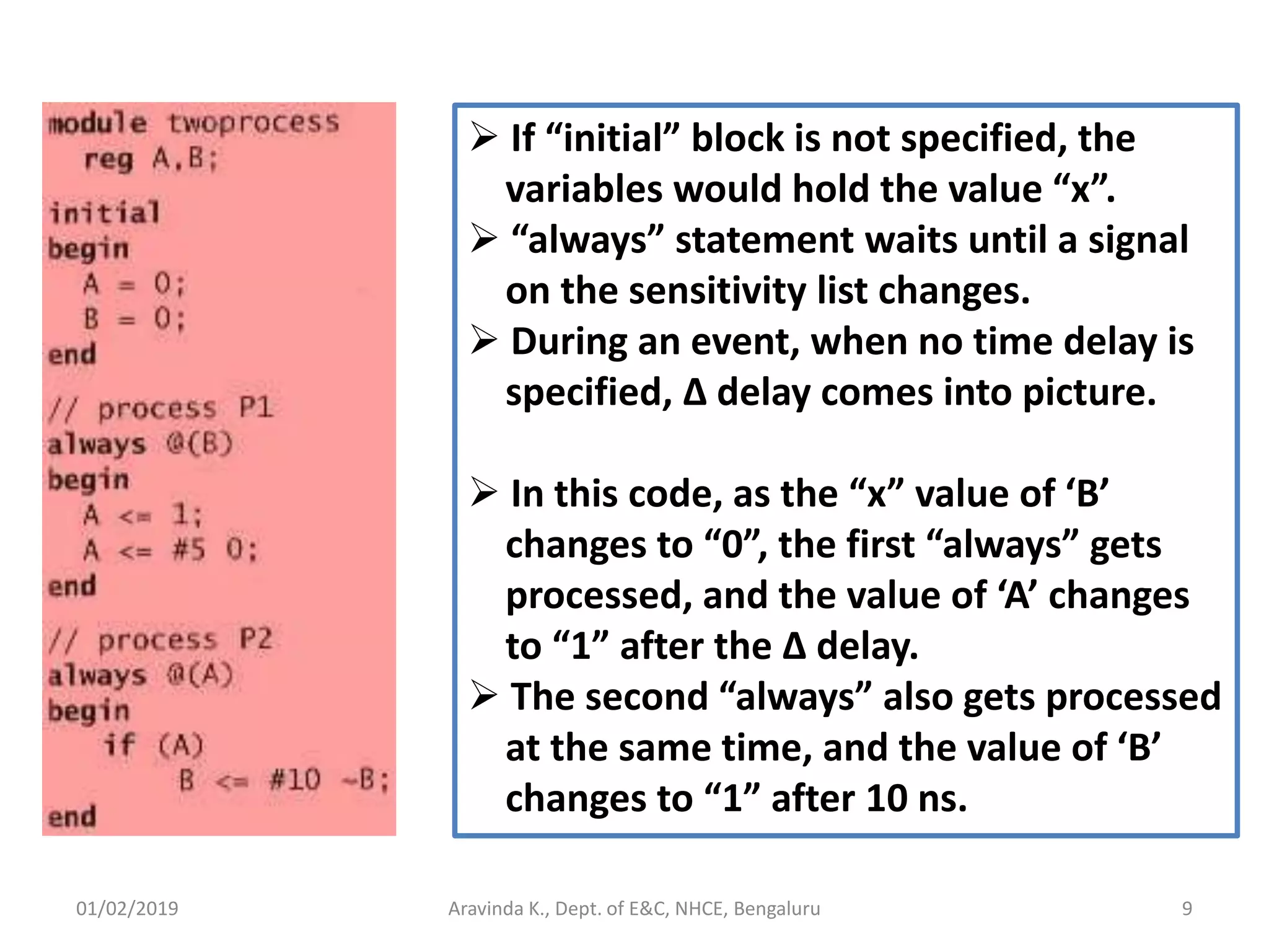 01/02/2019 9Aravinda K., Dept. of E&C, NHCE, Bengaluru  If “initial” block is not specified, the variables would hold the value “x”.  “always” statement waits until a signal on the sensitivity list changes.  During an event, when no time delay is specified, Δ delay comes into picture.  In this code, as the “x” value of ‘B’ changes to “0”, the first “always” gets processed, and the value of ‘A’ changes to “1” after the Δ delay.  The second “always” also gets processed at the same time, and the value of ‘B’ changes to “1” after 10 ns. 