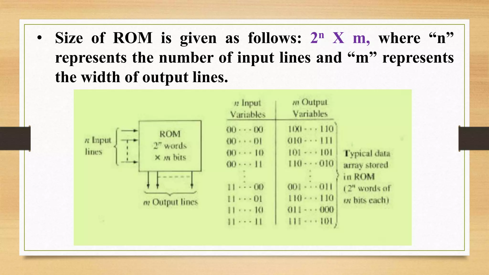 • Size of ROM is given as follows: 2n X m, where “n” represents the number of input lines and “m” represents the width of output lines. 