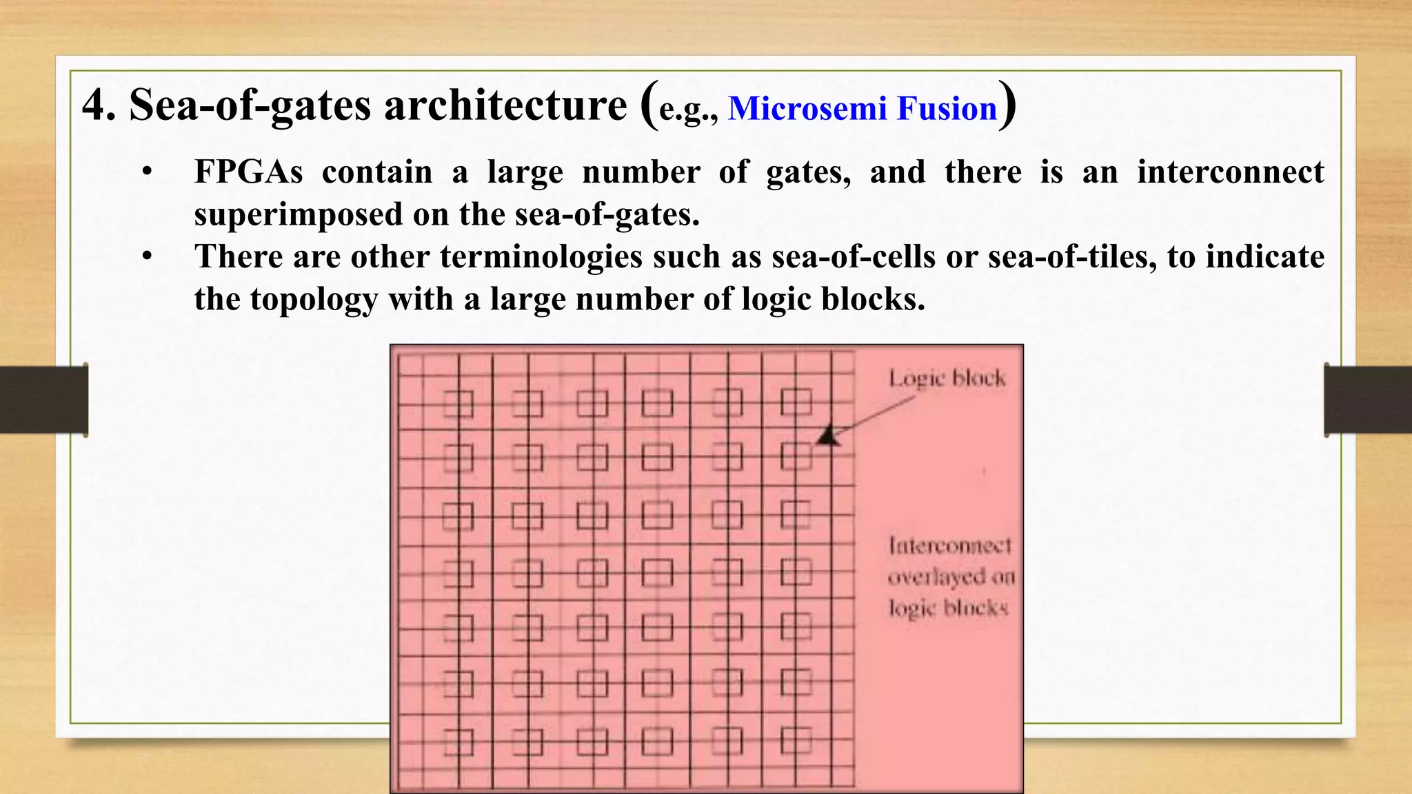 4. Sea-of-gates architecture (e.g., Microsemi Fusion) • FPGAs contain a large number of gates, and there is an interconnect superimposed on the sea-of-gates. • There are other terminologies such as sea-of-cells or sea-of-tiles, to indicate the topology with a large number of logic blocks. 