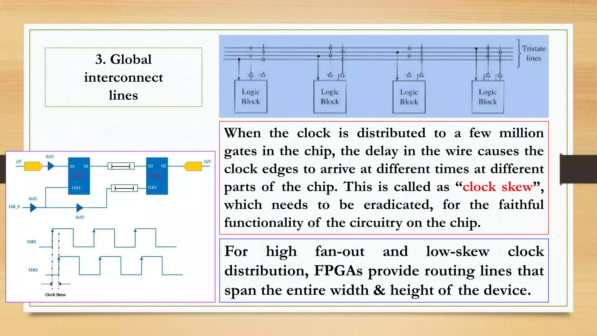 3. Global interconnect lines For high fan-out and low-skew clock distribution, FPGAs provide routing lines that span the entire width & height of the device. When the clock is distributed to a few million gates in the chip, the delay in the wire causes the clock edges to arrive at different times at different parts of the chip. This is called as “clock skew”, which needs to be eradicated, for the faithful functionality of the circuitry on the chip. 