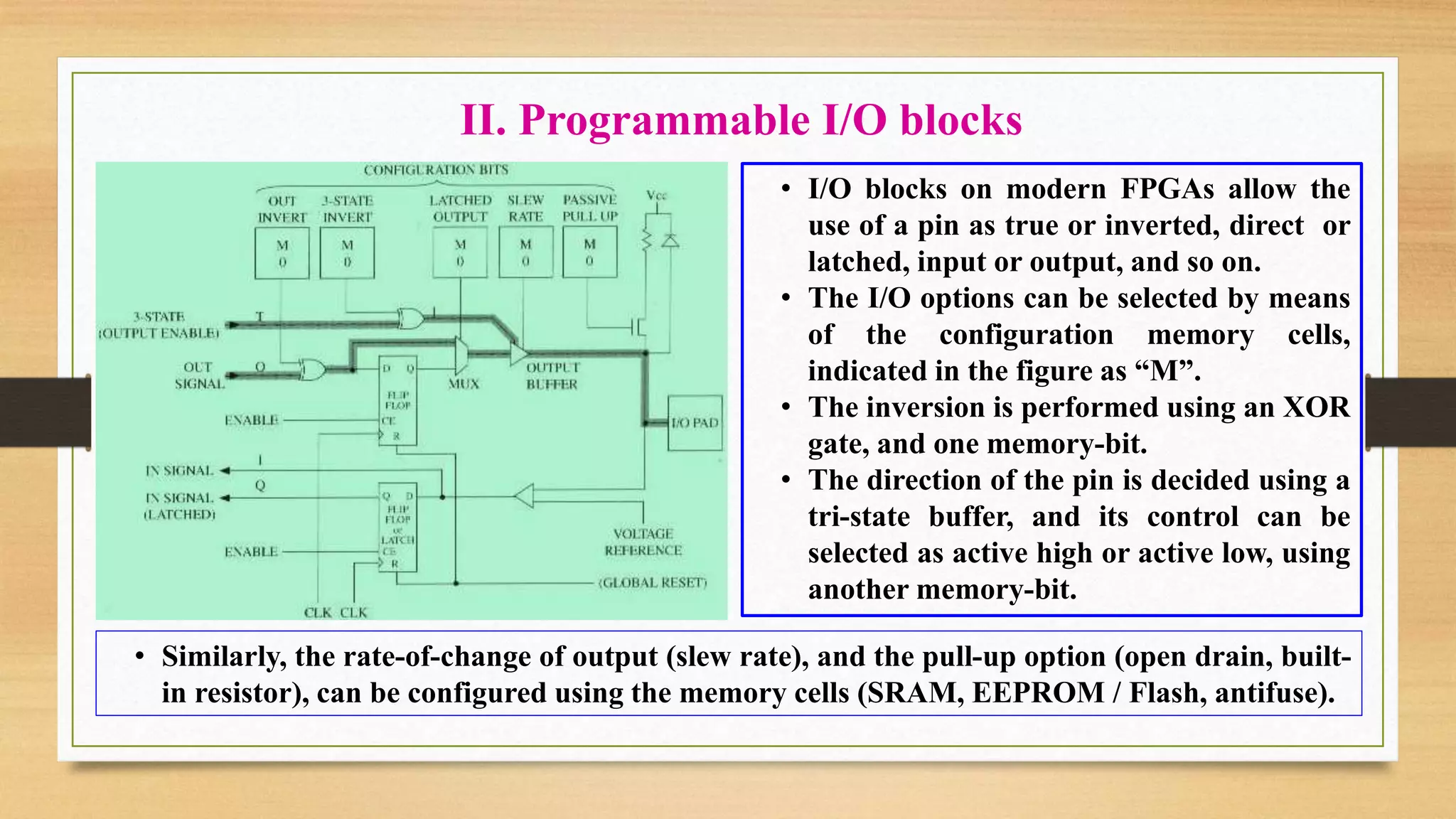 II. Programmable I/O blocks • I/O blocks on modern FPGAs allow the use of a pin as true or inverted, direct or latched, input or output, and so on. • The I/O options can be selected by means of the configuration memory cells, indicated in the figure as “M”. • The inversion is performed using an XOR gate, and one memory-bit. • The direction of the pin is decided using a tri-state buffer, and its control can be selected as active high or active low, using another memory-bit. • Similarly, the rate-of-change of output (slew rate), and the pull-up option (open drain, built- in resistor), can be configured using the memory cells (SRAM, EEPROM / Flash, antifuse). 