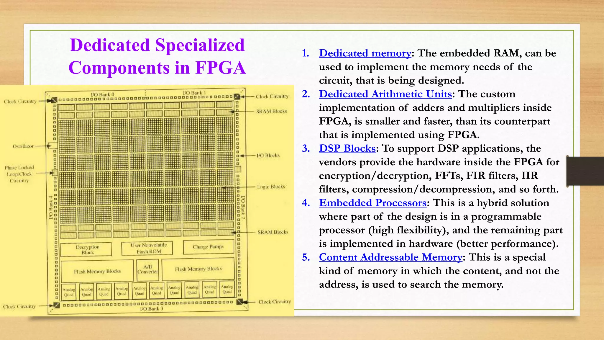 Dedicated Specialized Components in FPGA 1. Dedicated memory: The embedded RAM, can be used to implement the memory needs of the circuit, that is being designed. 2. Dedicated Arithmetic Units: The custom implementation of adders and multipliers inside FPGA, is smaller and faster, than its counterpart that is implemented using FPGA. 3. DSP Blocks: To support DSP applications, the vendors provide the hardware inside the FPGA for encryption/decryption, FFTs, FIR filters, IIR filters, compression/decompression, and so forth. 4. Embedded Processors: This is a hybrid solution where part of the design is in a programmable processor (high flexibility), and the remaining part is implemented in hardware (better performance). 5. Content Addressable Memory: This is a special kind of memory in which the content, and not the address, is used to search the memory. 