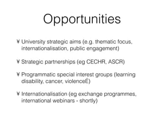 Opportunities University strategic aims (e.g. thematic focus, internationalisation, public engagement)  Strategic partnerships (eg CECHR, ASCR) Programmatic special interest groups (learning disability, cancer, violence…) Internationalisation (eg exchange programmes, international webinars - shortly) 