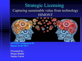 Strategic Licensing
Capturing sustainable value from technology
HIMONT
APSM10 Assignment 03
Dated: 04-05-2017
Presented by-
Deepa Shukla
Sanjay Gurtu
 