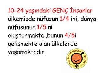 10-24   yaşındaki   GENÇ   İnsanlar  ülkemizde nüfusun  1/4  ini, dünya nüfusunun  1/5 ini oluşturmakta ,bunun  4/5 i gelişmekte olan ülkelerde yaşamaktadır. 