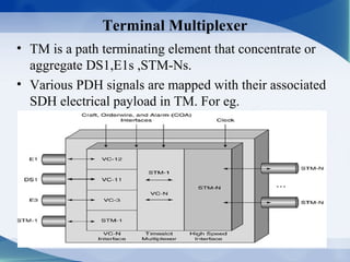 Terminal Multiplexer
• TM is a path terminating element that concentrate or
  aggregate DS1,E1s ,STM-Ns.
• Various PDH signals are mapped with their associated
  SDH electrical payload in TM. For eg.
 