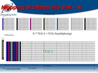 EAGLE PHOTONICS
7 TUG-2s
Stuffing Bytes
86 Columns
84 Columns
TUG 3
X 7 TUG-2 TUG-3(multiplexing)
Mapping of 2Mbps into STM – NMapping of 2Mbps into STM – N
 
