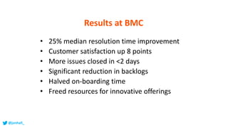 • 25% median resolution time improvement
• Customer satisfaction up 8 points
• More issues closed in <2 days
• Significant reduction in backlogs
• Halved on-boarding time
• Freed resources for innovative offerings
Results at BMC
@jonhall_
 