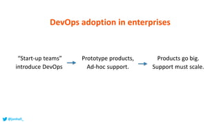 DevOps adoption in enterprises
“Start-up teams”
introduce DevOps
Prototype products,
Ad-hoc support.
Products go big.
Support must scale.
@jonhall_
 