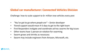 Global car manufacturer: Connected Vehicles Division
Challenge: how to scale support to 6+ million new vehicles every year.
• “You’ve got to go where people are” – Senior developer
• Tiered support would mean 4-5 days to get to the right team
• First Responders instigate and coordinate ad-hoc swarms for big issues
• Other teams have 1 person on rotation for swarming
• Swarm grows and shrinks as necessary
• Swarm may include engineers from Amazon, Microsoft, etc.
@jonhall_
 