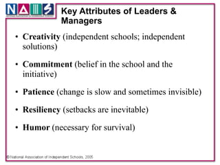 Key Attributes of Leaders &
                 Managers
    • Creativity (independent schools; independent
      solutions)!
!
    • Commitment (belief in the school and the
      initiative)!
!
    • Patience (change is slow and sometimes invisible)!
!
    • Resiliency (setbacks are inevitable)!
!
    • Humor (necessary for survival)!
 