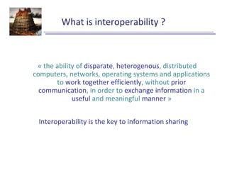 What is interoperability ?
« the ability of disparate, heterogenous, distributed
computers, networks, operating systems and applications
to work together efficiently, without prior
communication, in order to exchange information in a
useful and meaningful manner »
Interoperability is the key to information sharing
 