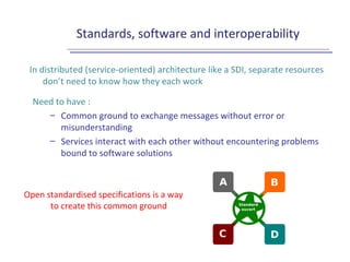 Standards, software and interoperability
In distributed (service-oriented) architecture like a SDI, separate resources
don’t need to know how they each work
Need to have :
– Common ground to exchange messages without error or
misunderstanding
– Services interact with each other without encountering problems
bound to software solutions
Open standardised specifications is a way
to create this common ground
 