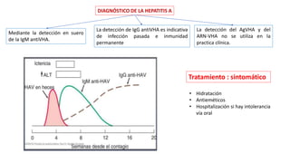 DIAGNÓSTICO DE LA HEPATITIS A
Mediante la detección en suero
de la IgM antiVHA.
La detección de IgG antiVHA es indicativa
de infección pasada e inmunidad
permanente
La detección del AgVHA y del
ARN-VHA no se utiliza en la
practica clínica.
Tratamiento : sintomático
• Hidratación
• Antieméticos
• Hospitalización si hay intolerancia
vía oral
 