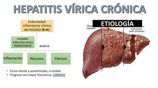 Enfermedad
inflamatoria crónica
del HíGADO (6 m)
Inflamación Necrosis Fibrosis
causada:
Infección vírica
PERSISTENTE asocia
• Curso silente y autolimitado, o estable
• Progresa con mayor frecuencia: CIRROSIS
ETIOLOGÍA
 