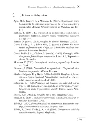 El empleo del portafolio en la evaluación de las competencias
169
Referencias bibliográﬁcas
Agra, M. J., Gewerc, A. y Montero, L. (2003). El portafolio como
herramienta de análisis de experiencias de formación on line y
presenciales. Anuario Interuniversitario de Didáctica, 21: 101-
114.
Barberá, E. (2005). La evaluación de competencias complejas: la
práctica del portafolio. Edúcere: Revista Venezolana de Educación,
31: 120-147.
Barrios, O. (1998). Uso del portafolio del alumno. Santiago: UMCE.
García Fraile, J. A. y Sabán Vera, C. (coords.). (2008). Un nuevo
modelo de formación para el siglo XXI: la formación basada en com-
petencias. Barcelona: Davinci.
García Fraile, J. A., y Tobón, S. (coords.). (2009). Estrategias didác-
ticas para la formación por competencias. Lima: A.B, Representa-
ciones Generales.
Monereo, C. (2007). Estrategias de enseñanza y aprendizaje. Barcelo-
na: Graó.
Pimienta, J. (2008). Evaluación de los aprendizajes. Un punto de vista
basado en competencias. México: Pearson.
Sánchez Delgado, P., y Gairín Sallán, J. (2008). Planiﬁcar la forma-
ción en el Espacio Europeo de Educación Superior. Madrid: Univer-
sidad Complutense de Madrid/I.C.E.
Schulman, L. (1990). Portafolio del docente, una actividad teórica
(pp. 45-62). En Lyons, N. (comp.). El uso del portafolio. Propues-
tas para un nuevo profesionalismo docente. Buenos Aires: Amo-
rrortu.
Shores, E. F. (2007). El portafolio paso a paso. Barcelona: Graó.
Stake, R. E. (2008). Evaluación comprensiva y evaluación basada en es-
tándares. Barcelona: Graó.
Tobón, S. (2004). Formación basada en competencias. Pensamiento com-
plejo, diseño curricular y didáctica. Bogotá: Ecoe.
Tobón, S., García Fraile, J. A. et al. (2006). Competencias, calidad y
educación superior. Bogotá: Magisterio.
 