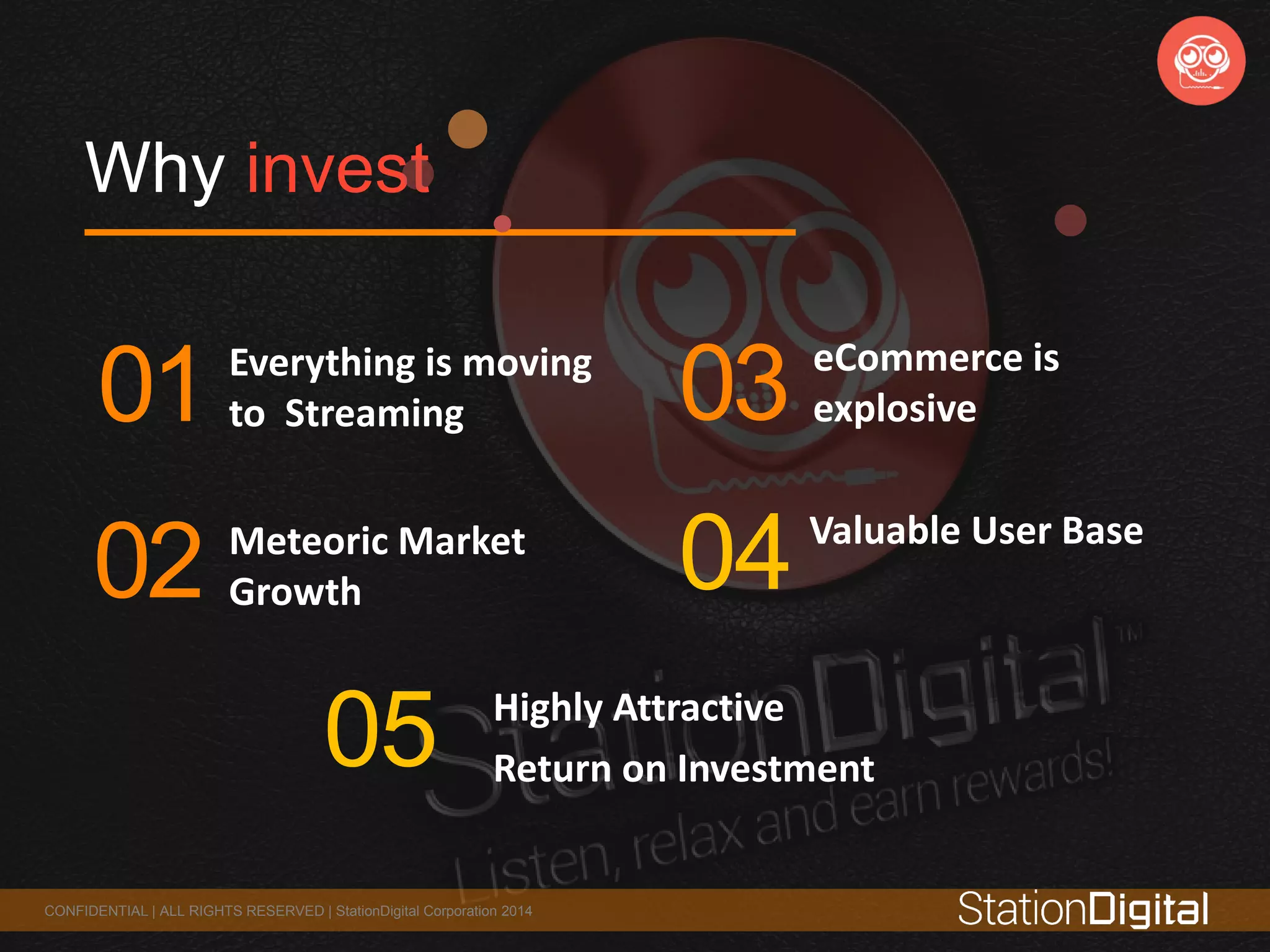 01 Everything is moving
to Streaming
02 Meteoric Market
Growth
03 eCommerce is
explosive
04Valuable User Base
Why invest
CONFIDENTIAL | ALL RIGHTS RESERVED | StationDigital Corporation 2014
05 Highly Attractive
Return on Investment
 