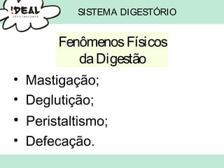 SISTEMA DIGESTÓRIO
• Mastigação;
• Deglutição;
• Peristaltismo;
• Defecação.
FenômenosFísicos
daDigestão
 
