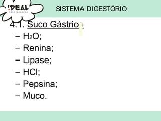 SISTEMA DIGESTÓRIO
4.1. Suco Gástrico
– H2O;
– Renina;
– Lipase;
– HCl;
– Pepsina;
– Muco.
 