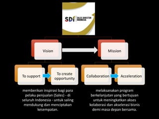 SDI
Vision
To support
To create
opportunity
Mission
Collaboration Acceleration
memberikan inspirasi bagi para
pelaku penjualan (Sales) - di
seluruh Indonesia - untuk saling
mendukung dan menciptakan
kesempatan.
melaksanakan program
berkelanjutan yang bertujuan
untuk meningkatkan akses
kolaborasi dan akselerasi bisnis
demi masa depan bersama.