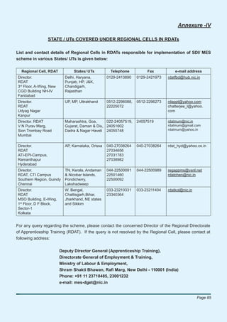 Annexure -IV

                  STATE / UTs COVERED UNDER REGIONAL CELLS IN RDATs

List and contact details of Regional Cells in RDATs responsible for implementation of SDI/ MES
scheme in various States/ UTs is given below:

  Regional Cell, RDAT           States/ UTs          Telephone          Fax           e-mail address
Director.                  Delhi, Haryana,         0129-2413890    0129-2421973   rdatfbd@hub.nic.in
RDAT                       Punjab, HP, J&K,
3rd Floor, A-Wing, New     Chandigarh,
CGO Building NH-IV         Rajasthan
Faridabad
Director.                  UP, MP, Uttrakhand      0512-2296088,   0512-2296273   rdappt@yahoo.com
RDAT                                               22225072                       chatterjee_l@yahoo.
Udyag Nagar                                                                       com
Kanpur
Director. RDAT             Maharashtra, Goa,     022-24057519,     24057519       rdatmum@nic,in
V N Purav Marg,            Gujarat, Daman & Diu, 24051602                         rdatmum@gmail.com
Sion Trombay Road          Dadra & Nagar Haveli 24055748                          rdatmum@yahoo.in
Mumbai

Director.                  AP, Karnataka, Orissa   040-27038264    040-27038264   rdat_hyd@yahoo.co.in
RDAT                                               27034656
ATI-EPI-Campus,                                    27031783
Ramanthapur                                        27038982
Hyderabad
Director.                  TN, Kerala, Andaman     044-22500091    044-22500989   regappms@vsnl.net
RDAT, CTI Campus           & Nicobar Islands,      22501460                       rdatchen@nic.in
Southern Region, Guindy    Pondicherry,            22500092
Chennai                    Lakshadweep
Director.                  W. Bengal,              033-23210331    033-23211404   rdatkol@nic.in
RDAT                       Chattisgarh,Bihar,      23340364
MSO Building, E-Wing,      Jharkhand, NE states
1st Floor, D F Block,      and Sikkim
Sector-1
Kolkata


For any query regarding the scheme, please contact the concerned Director of the Regional Directorate
of Apprenticeship Training (RDAT). If the query is not resolved by the Regional Cell, please contact at
following address:


                         Deputy Director General (Apprenticeship Training),
                         Directorate General of Employment & Training,
                         Ministry of Labour & Employment,
                         Shram Shakti Bhawan, Raﬁ Marg, New Delhi - 110001 (India)
                         Phone: +91 11 23710485, 23001232
                         e-mail: mes-dget@nic.in


                                                                                                   Page 85
 