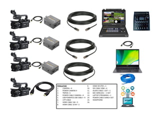 PERALATAN
1. CAMERA—4
2. POWER CAMERA 4
3. TRIPOD- 4
4. POWER CABLE CAMERA—4
5. USB POWER & USB CABLE—4
6. UTP CABLE
7. HDMI CABLE 1M—5
8. HDMI CABLE 10 M—2
9. HDMI SPLITER—1
10. SDI CABLE 50M—4
11. AUDIO CABLE 1 SET—1
12. MIC WIRELESS — 4 SET
13. LAPTOP STREAMING—1
14. POWER CABLE GANG 4 SET
15. HEADPHONE
16.
 