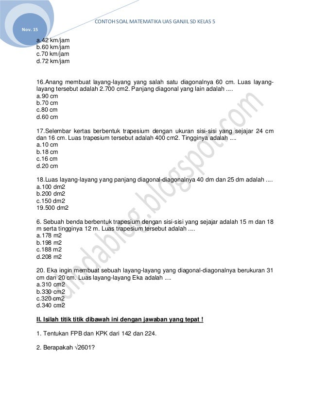 sdindablogsoallatihanmatematikauntukuasganjilsemester Soal Uas Matematika Kelas 5 Semester 1 K13 Revisi 2017