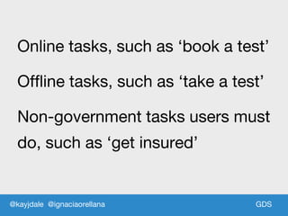 GDSGDS
Online tasks, such as ‘book a test’
Offline tasks, such as ‘take a test’
Non-government tasks users must
do, such as ‘get insured’
@kayjdale @ignaciaorellana
 