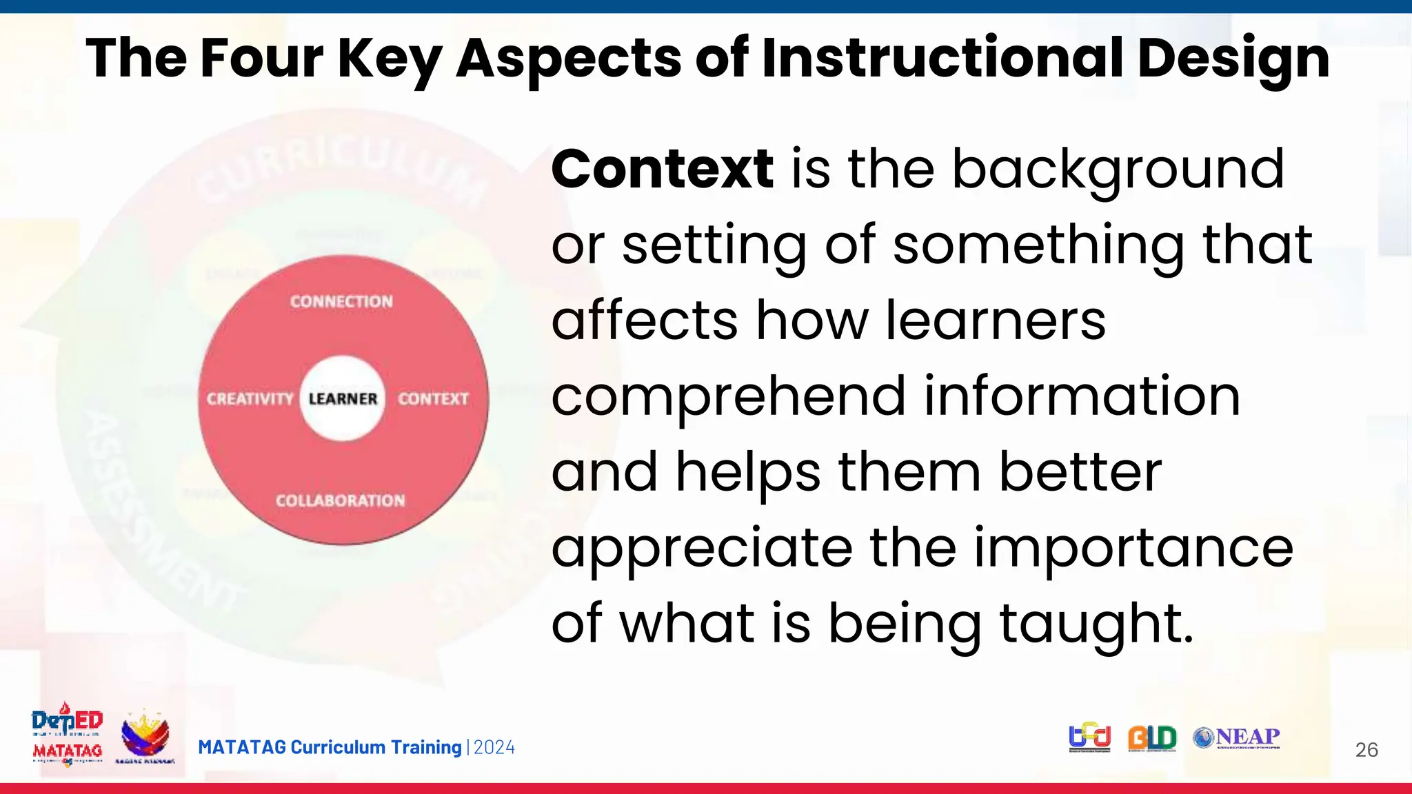 MATATAG Curriculum Training | 2024 26
Context is the background
or setting of something that
affects how learners
comprehend information
and helps them better
appreciate the importance
of what is being taught.
The Four Key Aspects of Instructional Design
 
