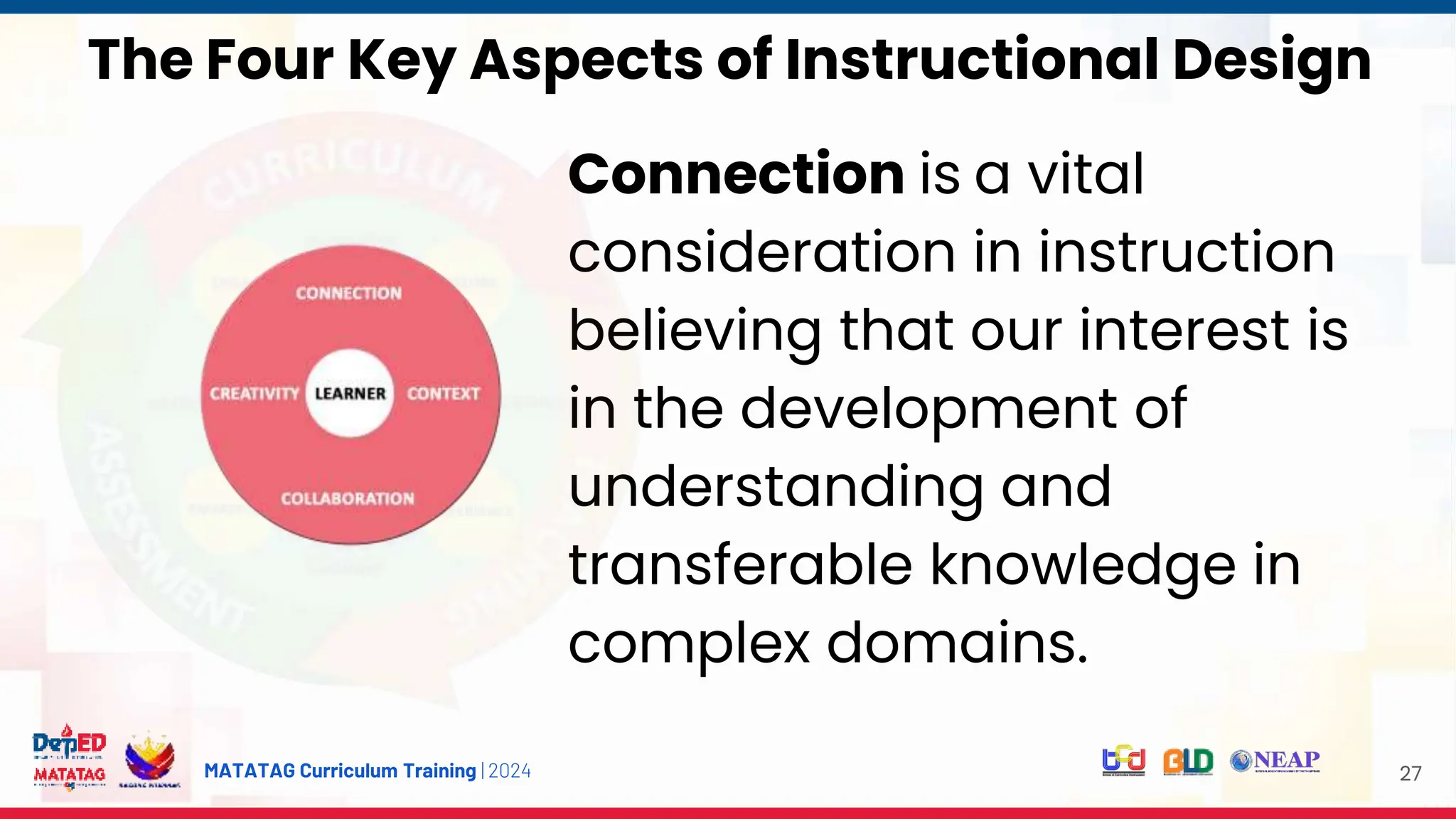 MATATAG Curriculum Training | 2024 27
Connection is a vital
consideration in instruction
believing that our interest is
in the development of
understanding and
transferable knowledge in
complex domains.
The Four Key Aspects of Instructional Design
 