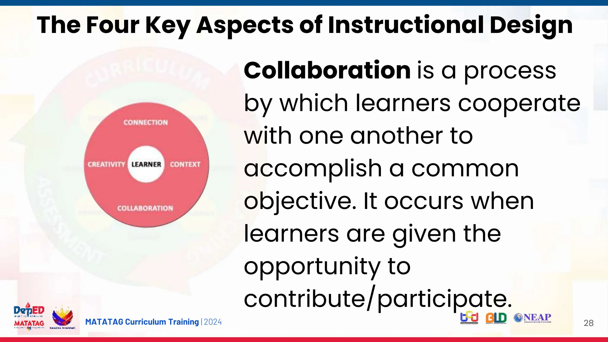 MATATAG Curriculum Training | 2024 28
Collaboration is a process
by which learners cooperate
with one another to
accomplish a common
objective. It occurs when
learners are given the
opportunity to
contribute/participate.
The Four Key Aspects of Instructional Design
 