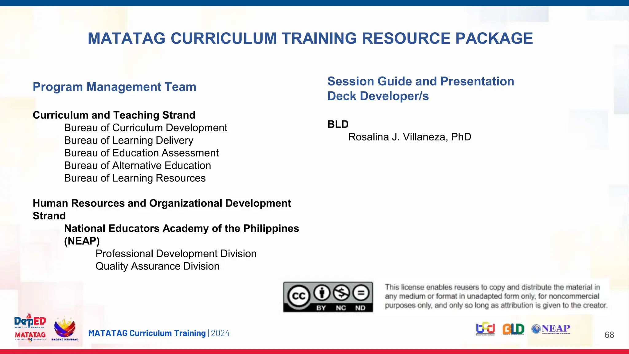 MATATAG Curriculum Training | 2024
Program Management Team
Curriculum and Teaching Strand
Bureau of Curriculum Development
Bureau of Learning Delivery
Bureau of Education Assessment
Bureau of Alternative Education
Bureau of Learning Resources
Human Resources and Organizational Development
Strand
National Educators Academy of the Philippines
(NEAP)
Professional Development Division
Quality Assurance Division
Session Guide and Presentation
Deck Developer/s
BLD
Rosalina J. Villaneza, PhD
MATATAG CURRICULUM TRAINING RESOURCE PACKAGE
68
 