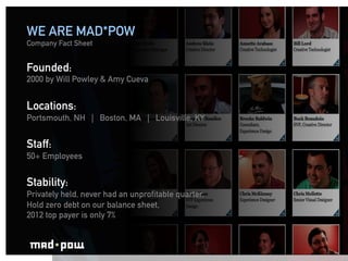 WE ARE MAD*POW
Company Fact Sheet


Founded:
2000 by Will Powley & Amy Cueva


Locations:
Portsmouth, NH | Boston, MA | Louisville, KY


Staff:
50+ Employees


Stability:
Privately held, never had an unprofitable quarter,
Hold zero debt on our balance sheet,
2012 top payer is only 7%
 