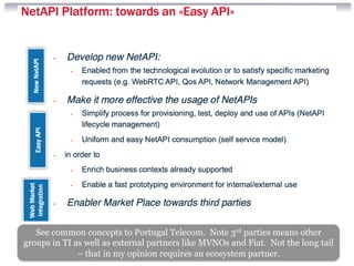 See common concepts to Portugal Telecom. Note 3rd parties means other 
groups in TI as well as external partners like MVNOs and Fiat. Not the long tail 
– that in my opinion requires an ecosystem partner. 
 