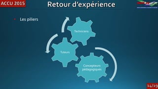 Concepteurs
pédagogiques
Tuteurs
Techniciens
• Les piliers
 