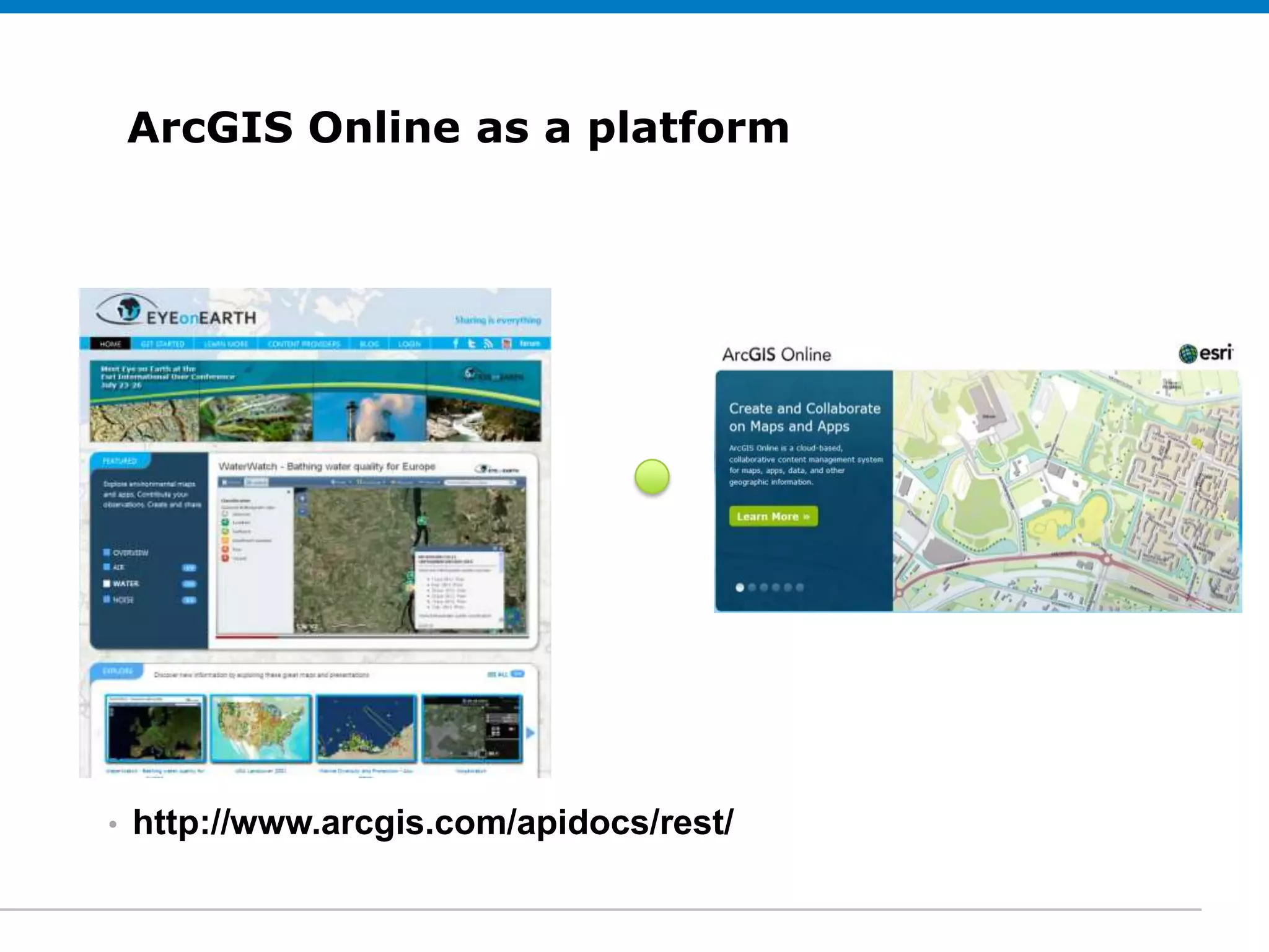 ArcGIS Online as a platform
     Click to edit Subtitle (optional)

    Sharepoint
                                                      ArcGIS Online



                                          ArcGIS
                                         Portal API




•   http://www.arcgis.com/apidocs/rest/
 