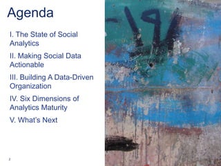 Agenda
I. The State of Social
Analytics
II. Making Social Data
Actionable
III. Building A Data-Driven
Organization
IV. Six...